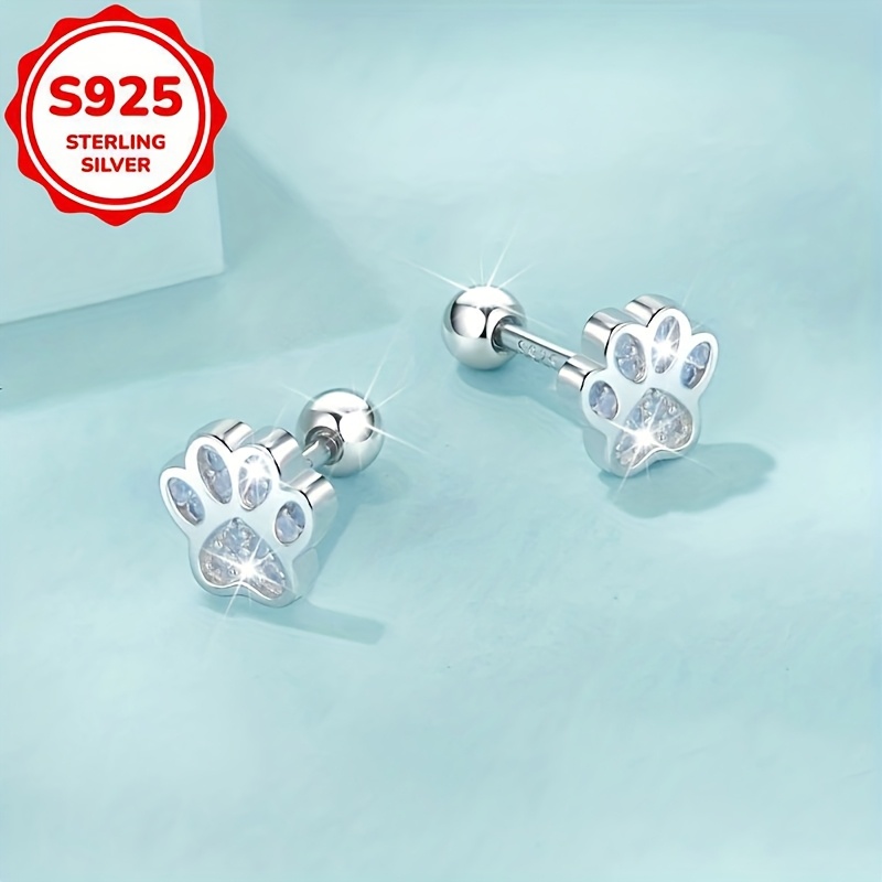 S925 Silver Pink Pet Paw Print Stud Earrings — Cute Gift Idea